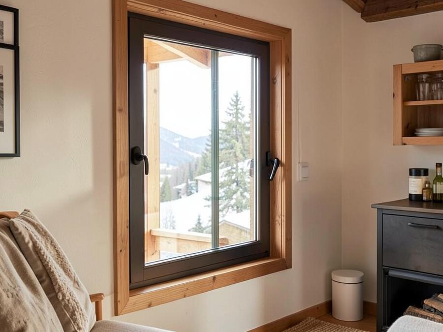 Holzmetallfenster mit Eichenrahmen innen und dunkler Metallschale aussen